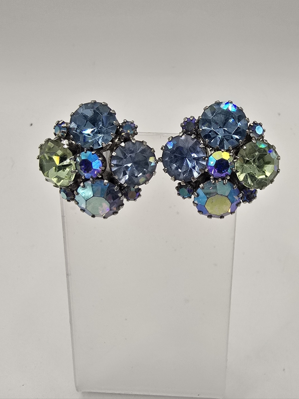 Weiss Vintage earrings blue and green aurora borealis cluster clip ons Gorgeous!